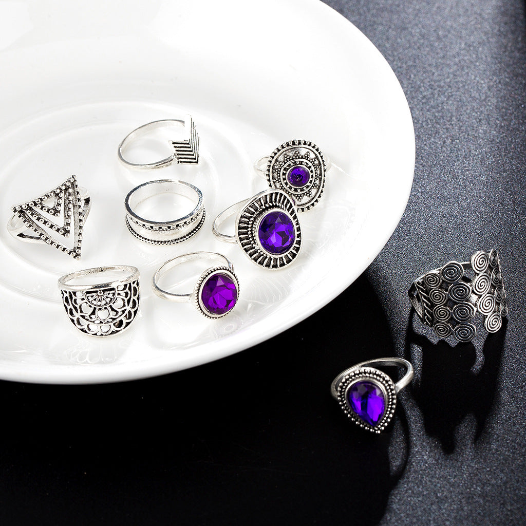 Wholesale Vintage Water Drop Amethyst Alloy Rings Set of 9